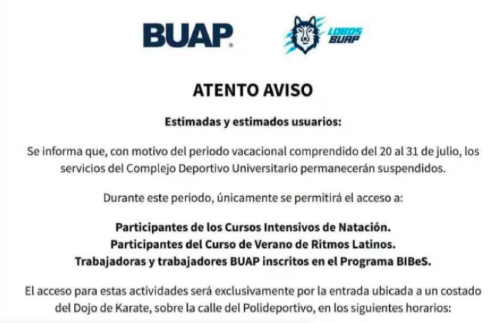 Informa BUAP que Complejo Deportivo Universitario suspenderá actividades por periodo vacacional