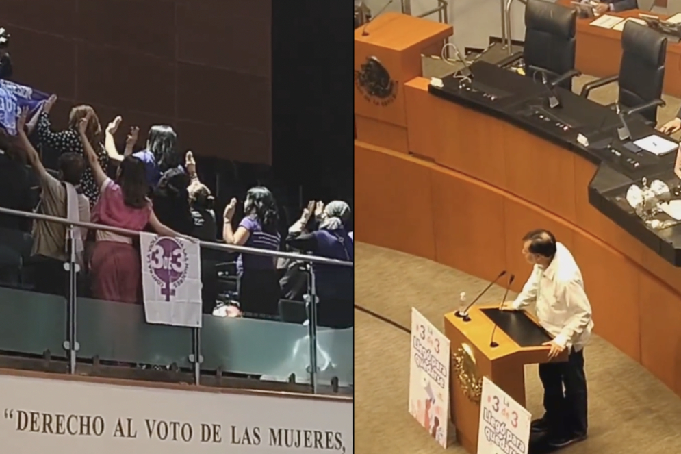 Activistas de la 3 de 3 contra la violencia hacia las mujeres dan la espalda a Noroña durante declaratoria