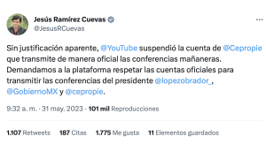 Youtube cepilla canal donde transmitían mañaneras de AMLO; Jesús Ramírez les exige respetar cuentas oficiales
