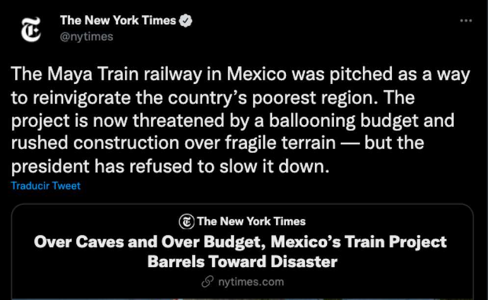 New York Times exhibe sobre costos del Tren Maya y advierte desastre por construirse en terrenos frágiles