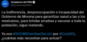 Piden senadores del PAN acciones para contener la pandemia luego de rebasar 300 mil muertes en el país